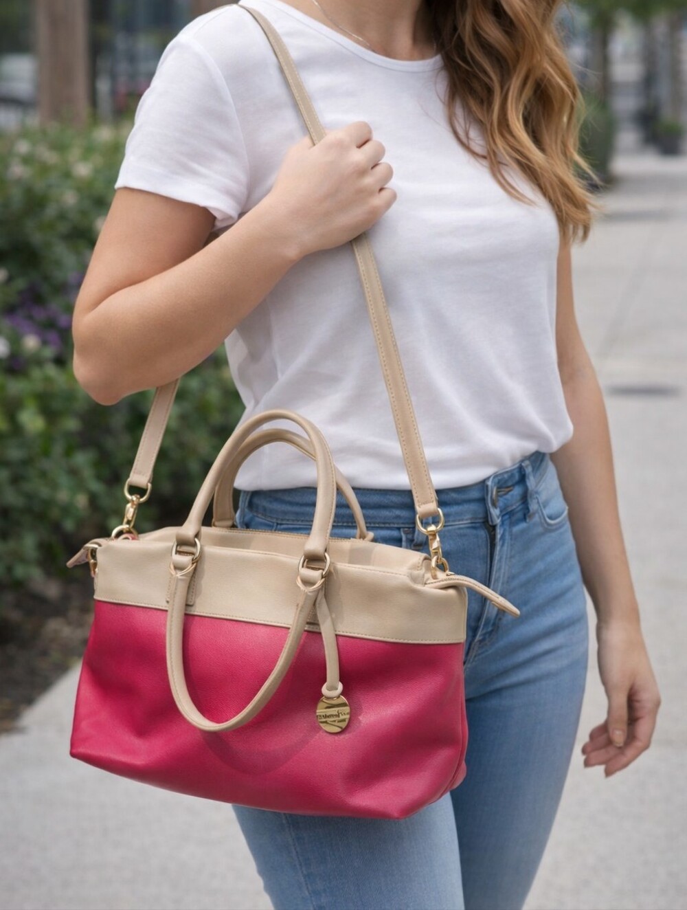 Gianni Notaro Red and Cream Satchel Handbag Crossbody Tote Leather
